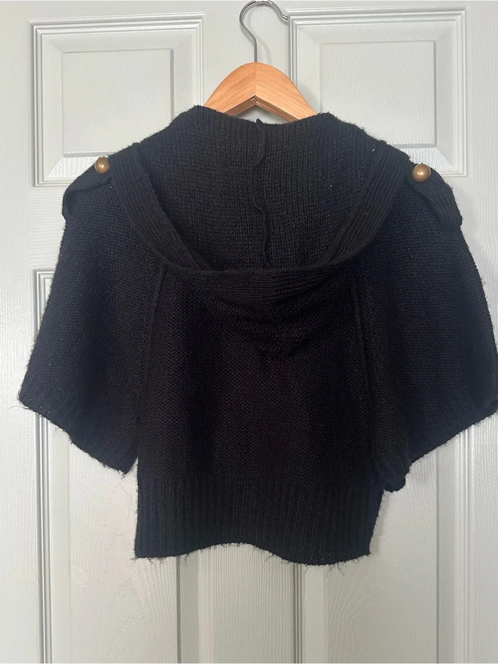 Derek Heart Black Short-Sleeve Hooded Cardigan with Gold Buttons